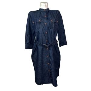 LRL Lauren Jeans Co Ralph Lauren Denim Shirt Dress Belted Midi Snap Collared 14
